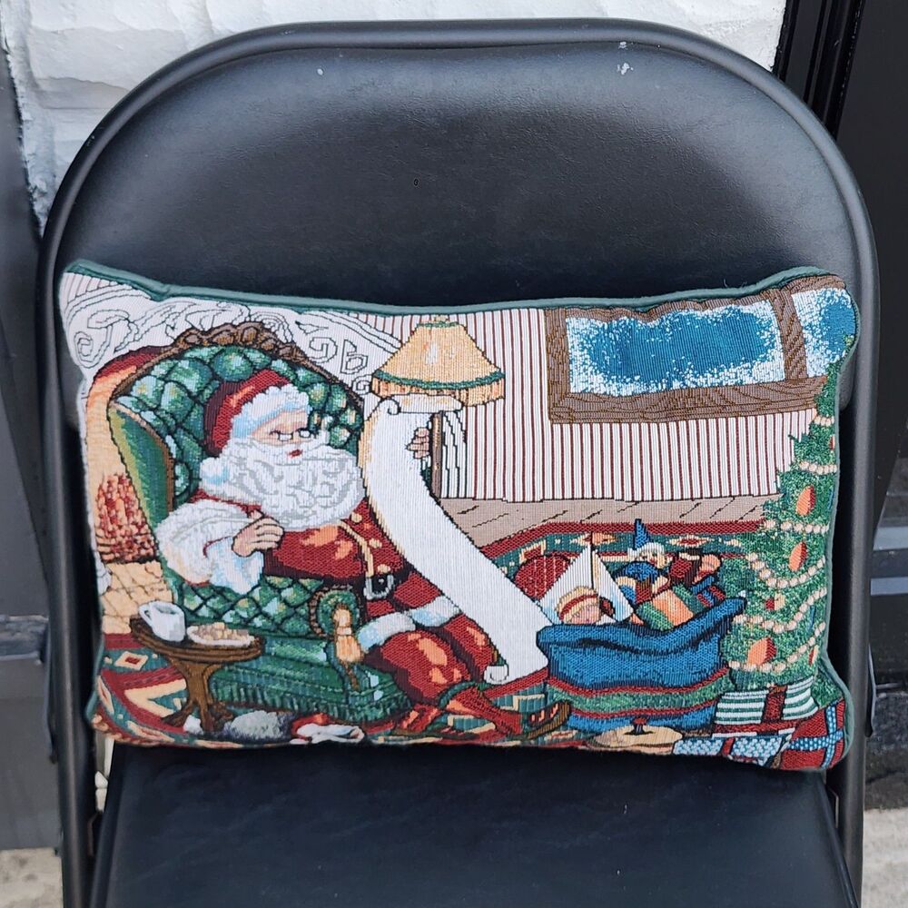 Santa With List &Toys Christmas Tapestry Throw Pillow 16 in x 12 in